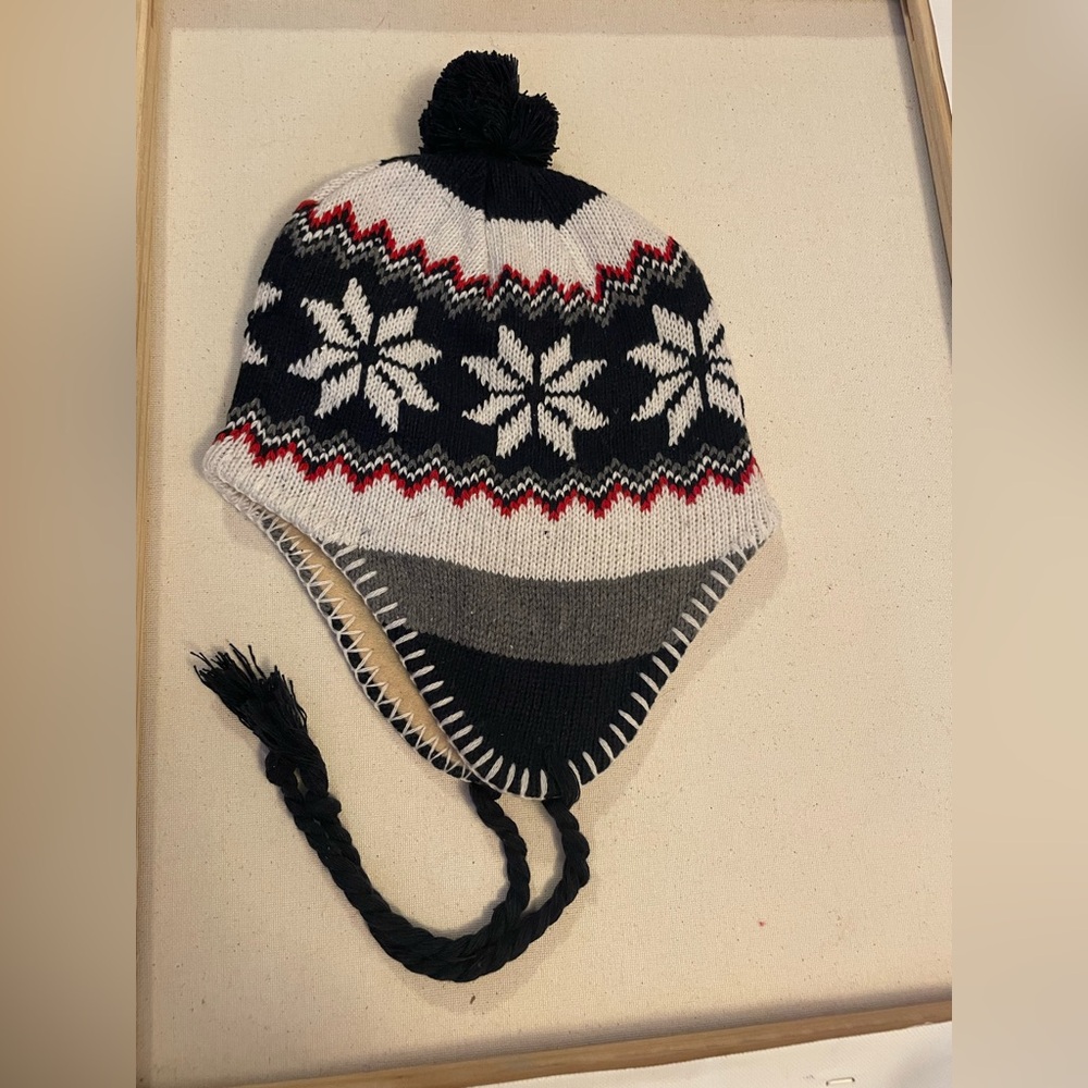 Kids Winter Knit Hat with Snowflake Fleece Lined Winter Trapper Hat Blue